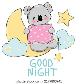 Cute Koala sleeps on the Moon Vector illustration Print for home clothes, pajamas, a nightdress, textiles Childish design.