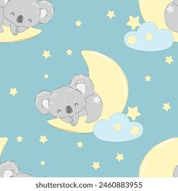 Cute Koala sleeps on the Moon seamless pattern. Print for home clothes, pajamas, a nightdress, textiles. Childish design.