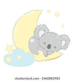 Cute Koala sleeps on the Moon. Print for home clothes, pajamas, a nightdress, textiles. Childish design.