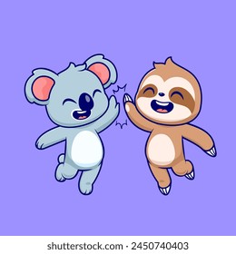 Cute Koala And Sloth High Five Cartoon Vector Icon Illustration. Animal Nature Icon Concept Isolated Premium Vector. Flat Cartoon Style
