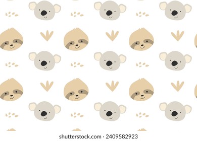 cute koala and sloth nursery background. Vector illustration isolated. Can used for baby textile, apparel, poster, print. 