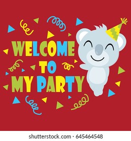 Cute koala smiles on red background vector cartoon, Birthday postcard, wallpaper, and greeting card, T-shirt design for kids