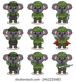 Cute Koala soldier in camouflage uniform. Cartoon funny Koala soldier character with helmet and green uniform in different positions. Funny Animal illustration Set.