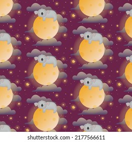 Cute koala in space sleeping on the shiny moon, cosmic seamless pattern with clouds and stars. Vector space pattern for little kids and children