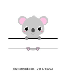 Cute koala split monogram. Funny cartoon character for shirt, scrapbooking, greeting cards, baby shower, invitation. Bright colored childish stock vector illustration