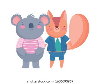 cute koala and squirrel with clothes cartoon on white background vector illustration