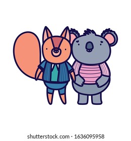 cute koala and squirrel with clothes cartoon on white background vector illustration