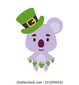 Cute koala in St. Patrick's Day leprechaun hat holds shamrocks. Irish holiday folklore theme. Cartoon design for cards, decor, shirt, invitation. Vector stock illustration.