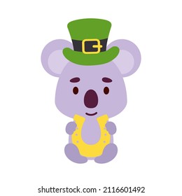 Cute koala St. Patrick's Day leprechaun hat holds horseshoe. Irish holiday folklore theme. Cartoon design for cards, decor, shirt, invitation. Vector stock illustration.