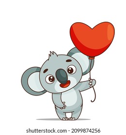 A cute koala stands and holds a red heart-shaped balloon in his hand. Postcard in children's cartoon style. Vector illustration for designs, prints and patterns.