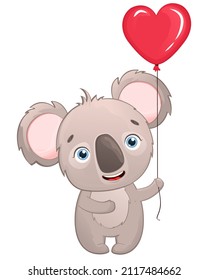 A cute koala stands and holds a red heart-shaped balloon in his hand. Postcard in children's cartoon style. Vector illustration for designs, prints and patterns