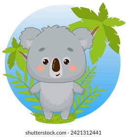 Cute koala stands under the palm leaves. Koala in kawaii style. Kawaii style. Vector illustration of drawings, prints and patterns. Isolated on white background