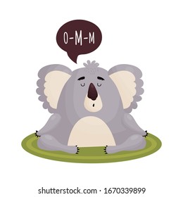 Cute Koala in a state of Nirvana meditates on the carpet. Vector cute animal in cartoon style .