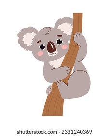 Cute koala sticker concept. Adorable exotic animal sitting on branch, tree. Zoology and biology. Template, layout and mock up. Cartoon flat vector illustration isolated on white background