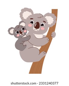 Cute koala sticker concept. Charming and adorable mother with kid. Love, care and support. Template, layout and mock up. Cartoon flat vector illustration isolated on white background