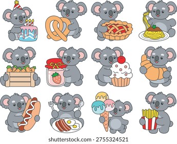 Cute Koala sticker icon. Funny Koala in the variation of junk food and snack time
