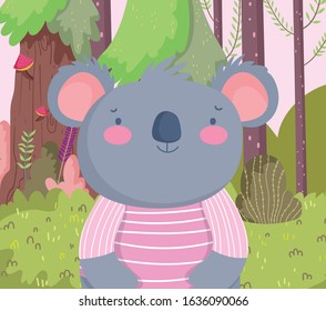 cute koala with striped shirt cartoon character forest foliage nature landscape vector illustration