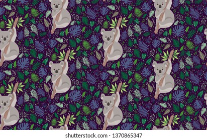 Cute koala surrounded by leaves. Summer vector seamless pattern in trendy style.Can be used for fabric,wrapping,wallpapers,web page backgrounds,surface textures,textile.