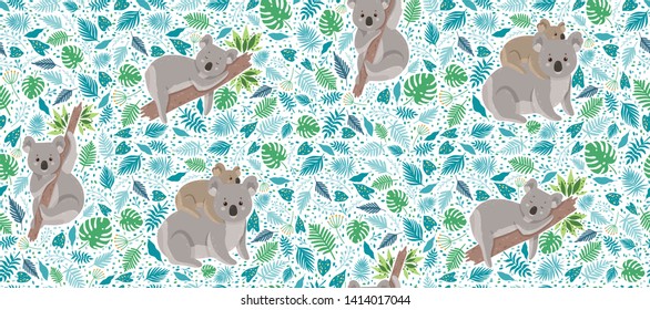 Cute koala surrounded by tropical leaves. Summer vector seamless pattern isolated on white background.  Can be used for fabric,wrapping,wallpapers,web page backgrounds,surface textures,textile.
