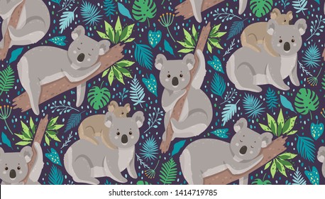 Cute koala surrounded by tropical leaves. Summer vector seamless pattern. Can be used for fabric,wrapping,wallpapers,web page backgrounds,surface textures,textile.