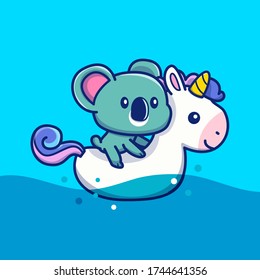 Cute Koala With Swim Ring Unicorn Vector Icon Illustration. Animal Summer Icon Concept Isolated Premium Vector. Flat Cartoon Style 