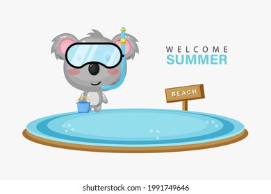 Cute koala swimming on the beach with summer greetings