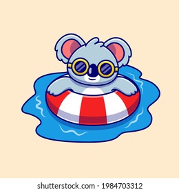 Cute Koala Swimming Summer Cartoon Vector Icon Illustration. Animal Holiday Icon Concept Isolated Premium Vector. Flat Cartoon Style