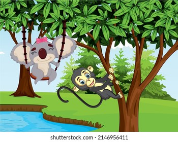 cute koala swinging on a swing and a tree climbing monkey
