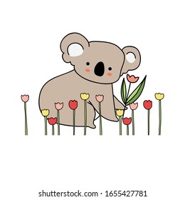 Cute koala take a flower. Isolate hand drawn on white background. Doodle style