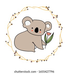 Cute koala take a flower with vine frame. Isolate hand drawn on white background. Doodle style