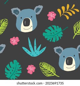 Cute Koala and Tropical plants Seamless pattern. Cartoon Hand Drawn Animal Doodles Background. Vector Illustration.