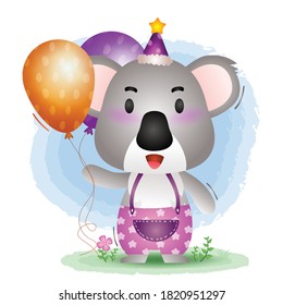 a cute koala using birthday hat and holds balloon