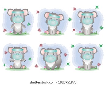 cute koala using face shield and mask collection