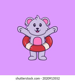 Cute koala mit einem Schwimmer. Konzept der Tierkarikatur einzeln. Kann für T-Shirt, Grußkarte, Einladungskarte oder Maskottchen verwendet werden.