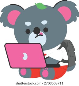 A cute koala using a laptop, showing digital activity, productive task, modern lifestyle, focused posture, and simple flat cartoon illustration style.