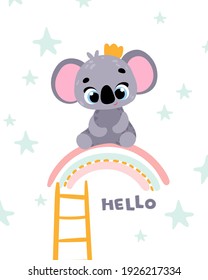 Cute koala. Vector children poster, card. Cute koala sitting on a rainbow