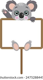 Cute koala waving hanging a blank signboard
