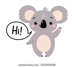 Cute Koala Waving its Paw and Saying Hi, Adorable Australian Animal Cartoon Vector Illustration