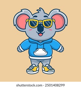 Cute koala wearing hoodie jacket and wearing glasses cartoon animal