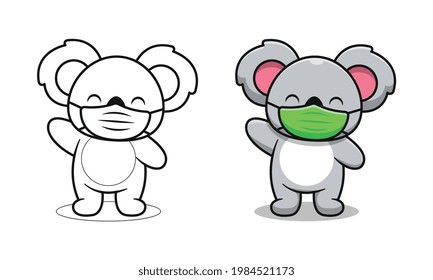 Cute koala wearing mask cartoon coloring pages for kids