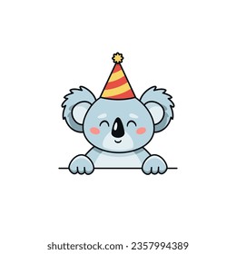 Cute Koala trägt einen Partyhut. Vektorflache Illustration im Cartoon-Stil bei Geburtstag oder anderen Feierlichkeiten
