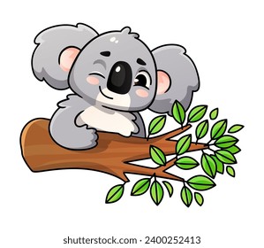 Cute koala winks while sitting on a tree branch, cartoon character.