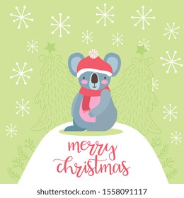cute koala with winter clothes between snowflakes. vector illustration
