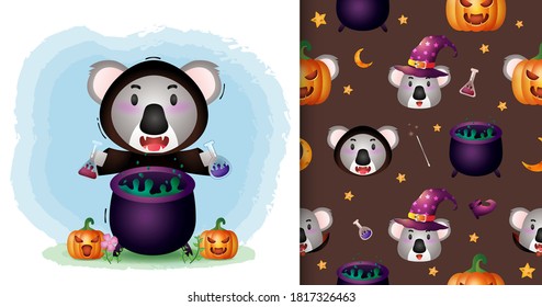 a cute koala with witch costume halloween character collection. seamless pattern and illustration designs