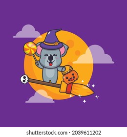 süße Koala Hexe fliegen mit Besen Cartoon Illustration.cute halloween Cartoon Vektorgrafik. Vektor einzelne flache Illustration für Poster, Broschüre, Web, Maskottchen, Aufkleber, Logo und Symbol.