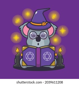cute koala witch reading magic book illustration.cute halloween cartoon vector illustration. Vector isolated flat illustration for poster, brochure, web, mascot, sticker, logo and icon.