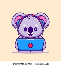 Cute Koala Working on Laptop With Headphone Cartoon Vector Icon Illustration. Animal Technology Icon Concept Isolated Premium Vector. Flat Cartoon Style