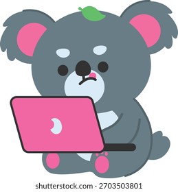 A cute koala working on a laptop, showing concentration, productivity, modern lifestyle, digital activity, technology theme, and simple flat cartoon illustration style.