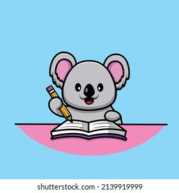 Cute Koala Writing On Book With Pencil Cartoon Vector Icon Illustration. Animal Education Icon Concept Isolated Premium Vector. Flat Cartoon Style