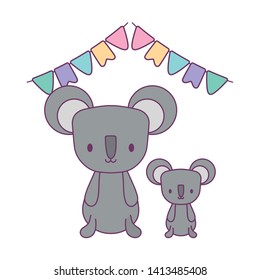 cute koalas animals with garlands hanging